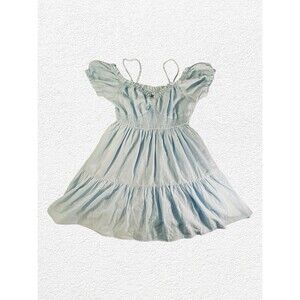 NWT Zexxxy Blue Off Shoulder Mini Dress Women L Smocked Puff Sleeve Linen Blend